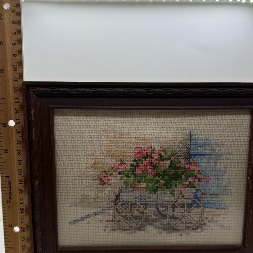 Vintage Framed Floral Wagon Cross-Stitch Needlepoint  Pink and Blue